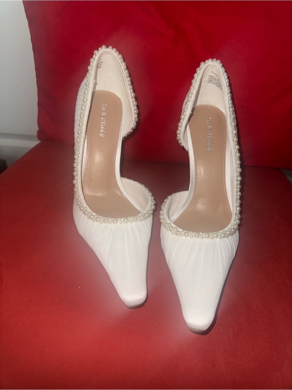 Steve Madden White Pearl-Trim Pointed-Toe Pumps